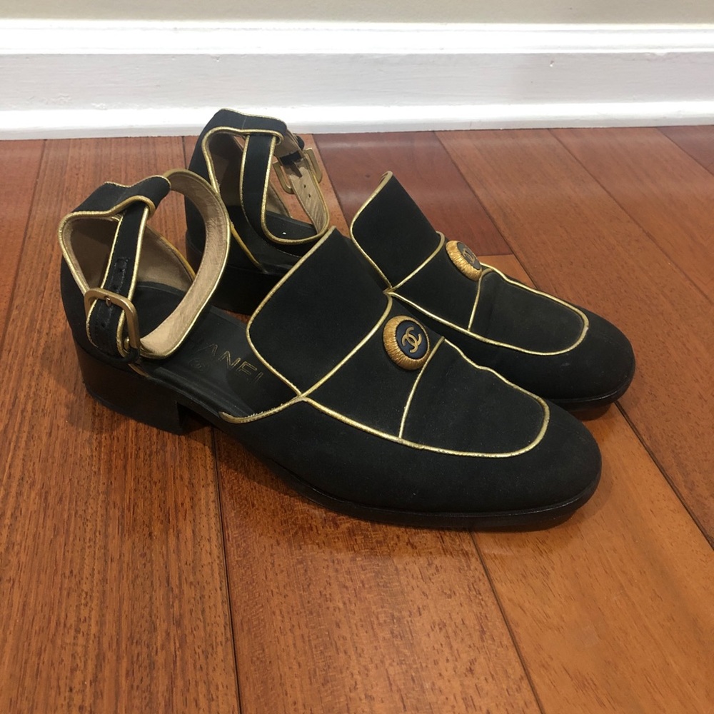 Chanel Runway Ankle Strap Fabric Loafers 38